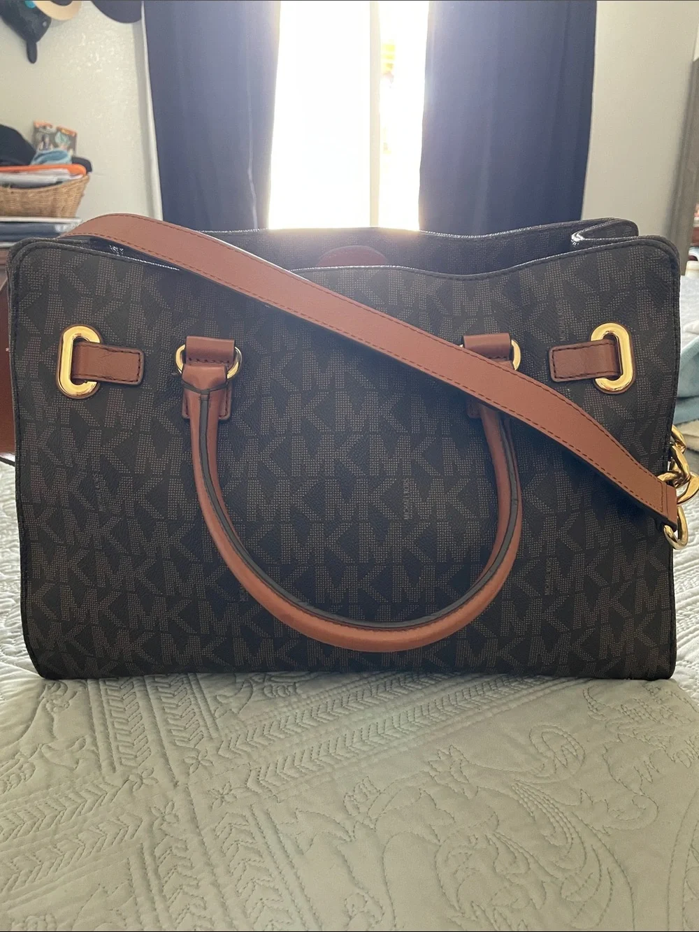 Michael Kors Brown MK Logo Laptop bag with Tan Leather Trim